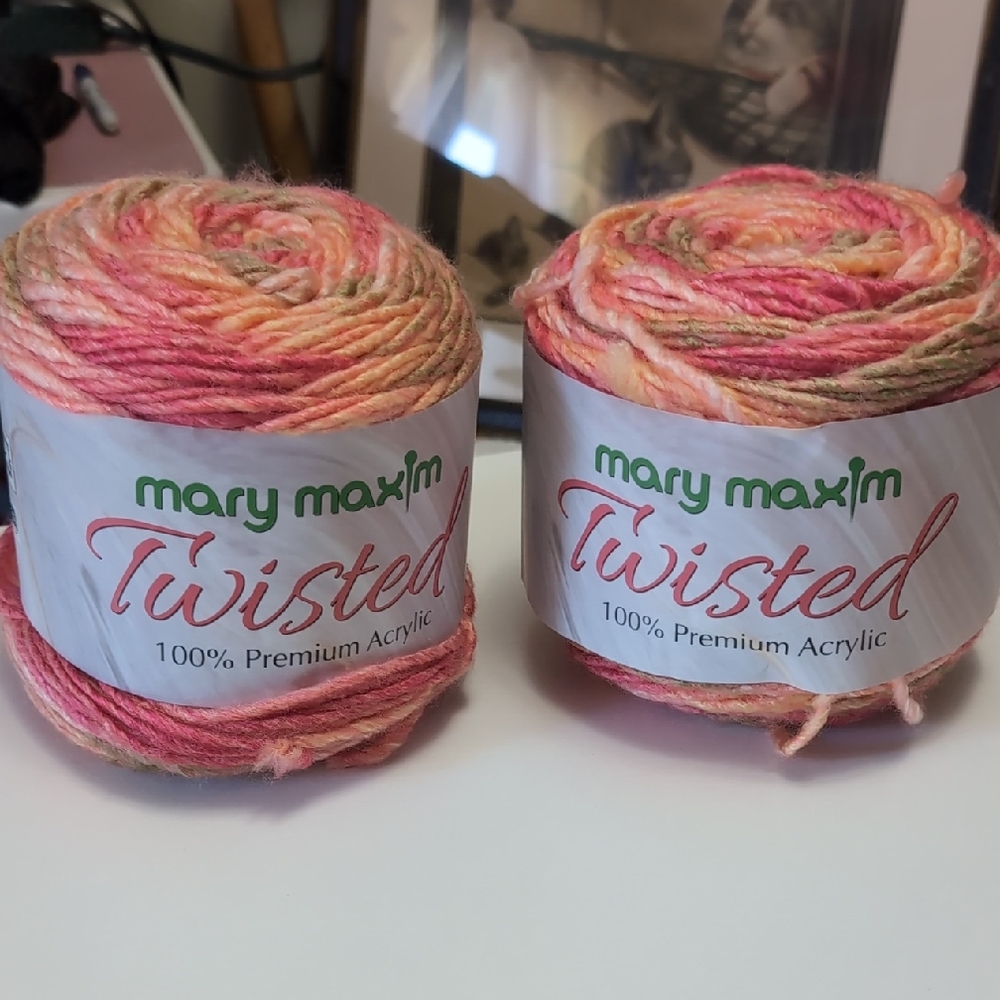Mary Maxim Twisted Yarn in Pink and Green-2 Skeins -NEW